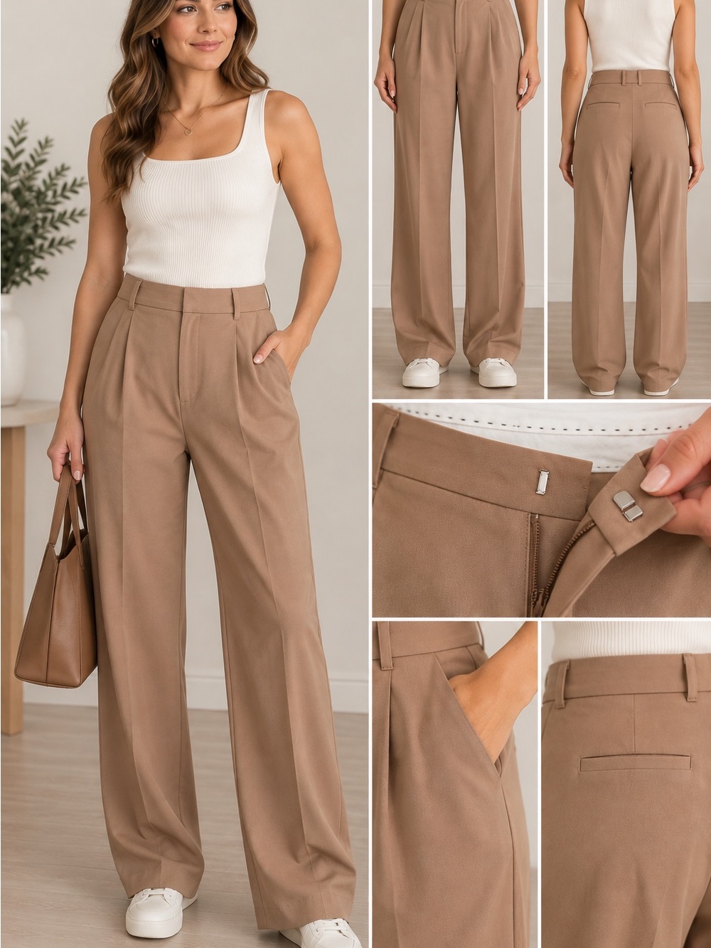 Zara High Waisted Wide Leg Pleated Trousers Tan Size M